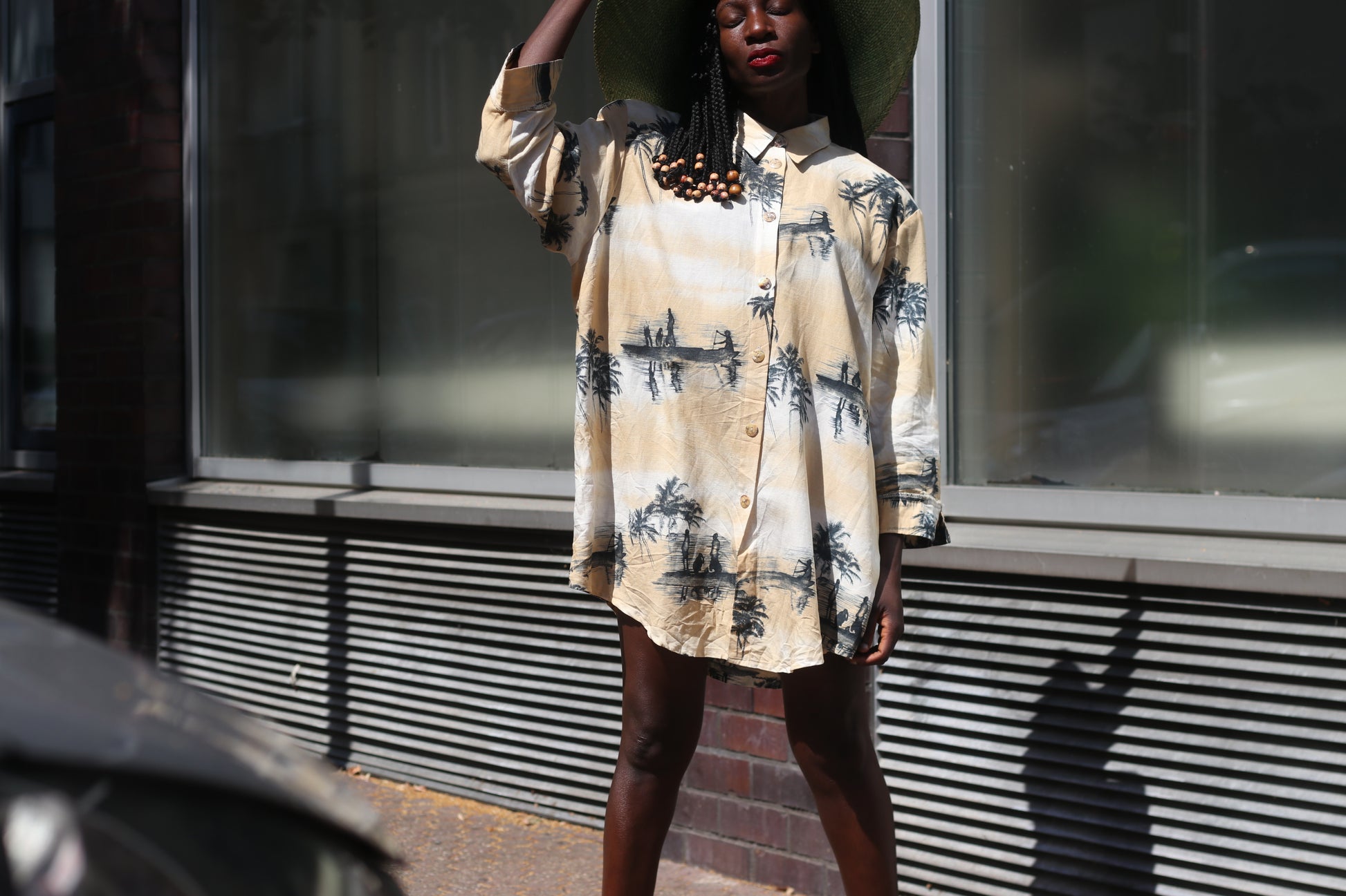 Vintage Palm Tree Shirt Dress 1990s Oversized Tropical Print Beige Long Blouse
