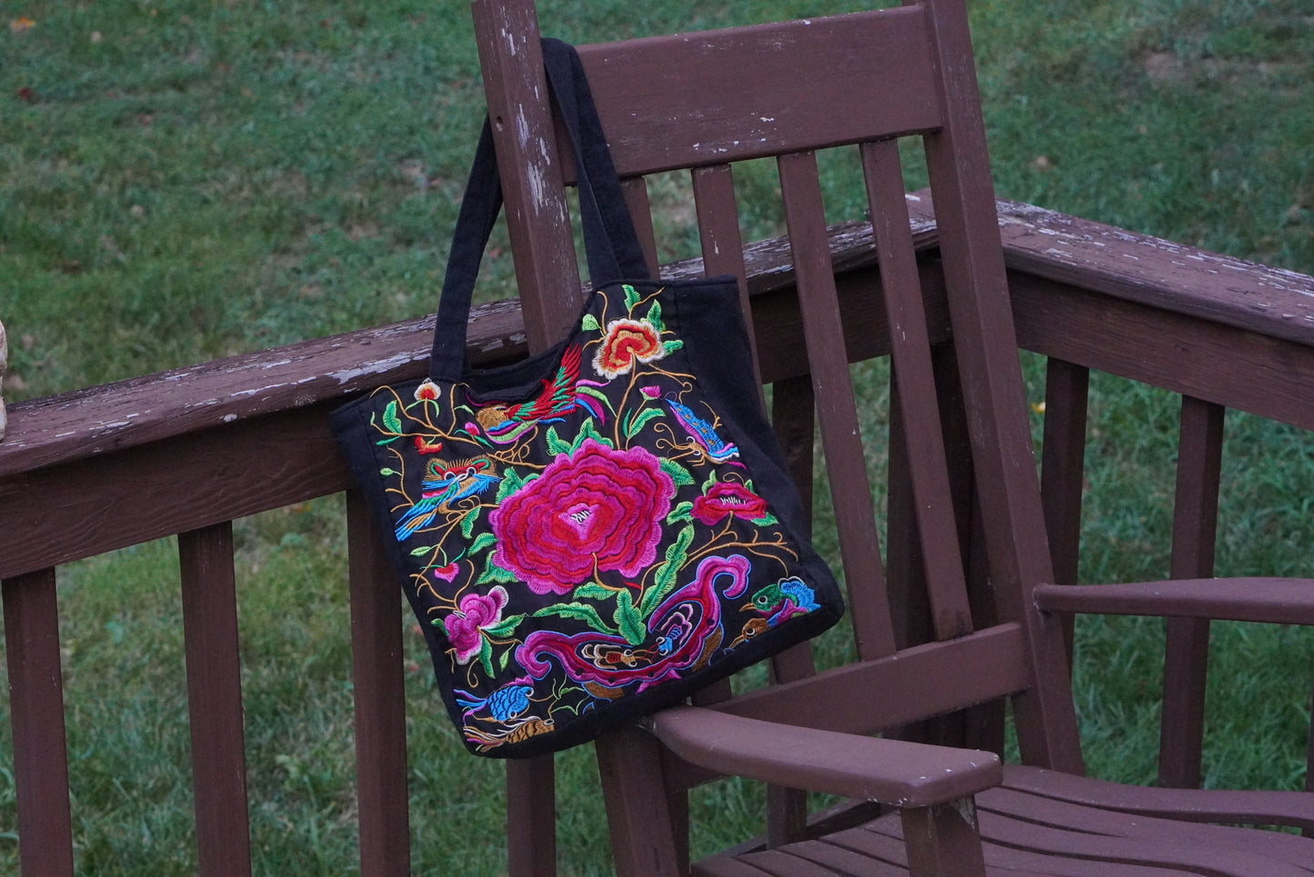 Vintage Floral Embroidered Black Canvas Tote Bag - Y2K Boho Shoulder Purse