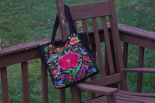 Vintage Floral Embroidered Black Canvas Tote Bag - Y2K Boho Shoulder Purse