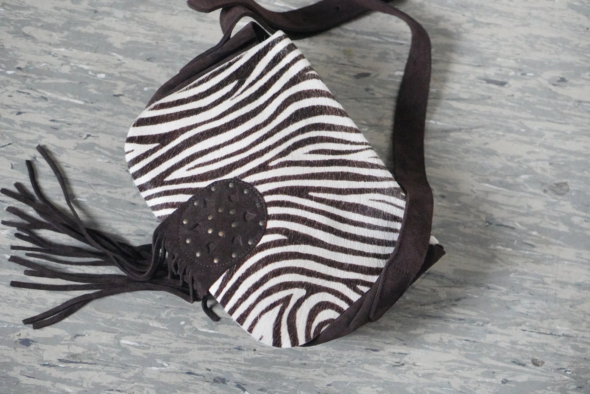 Zebra Print Hair-On Crossbody Bag - Vintage Y2K Suede Fringe Purse