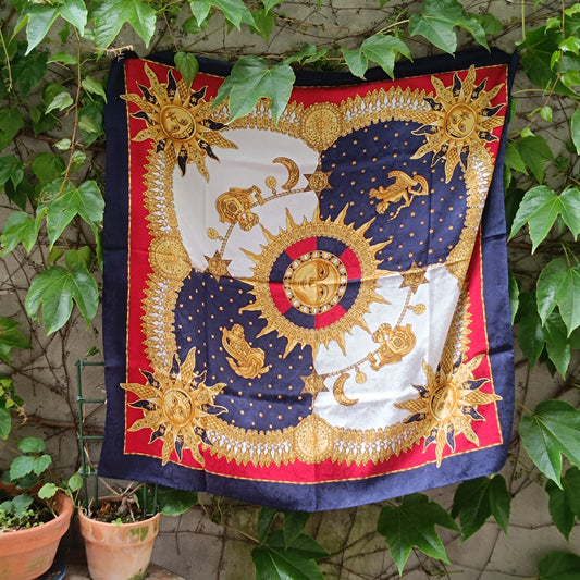 Vintage Sun Moon Silk Scarf Celestial Astrology Zodiac Natur Pur Blue Gold Retro