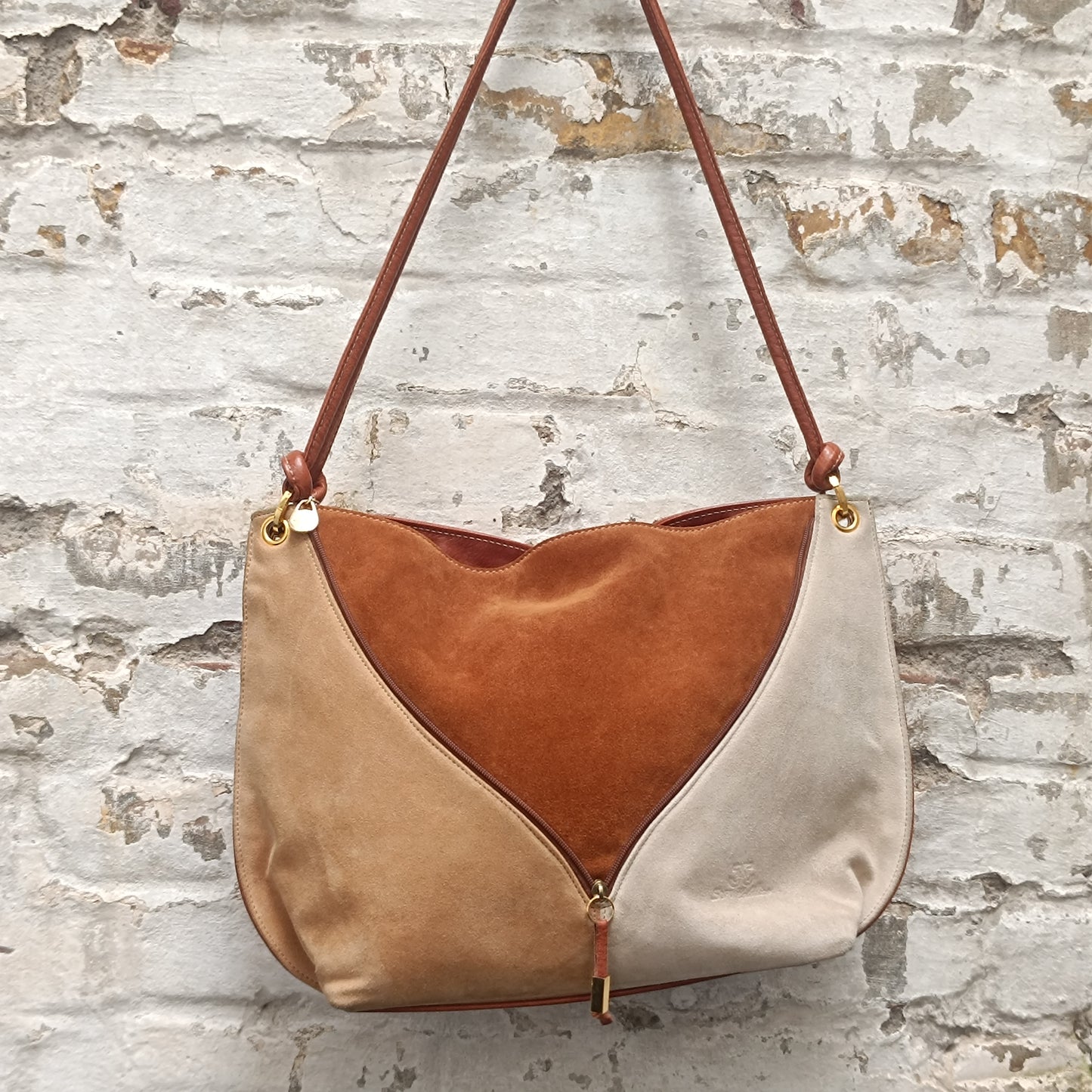 Suede Shoulder Bag - Vintage 80s Patchwork Tote - Brown Cream | Medium