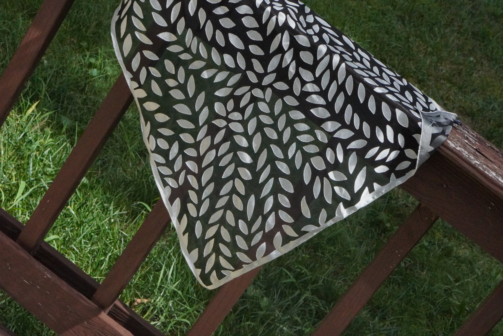 Vintage 90s Sheer Black Silver Leaf Scarf - Metallic Head Scarf