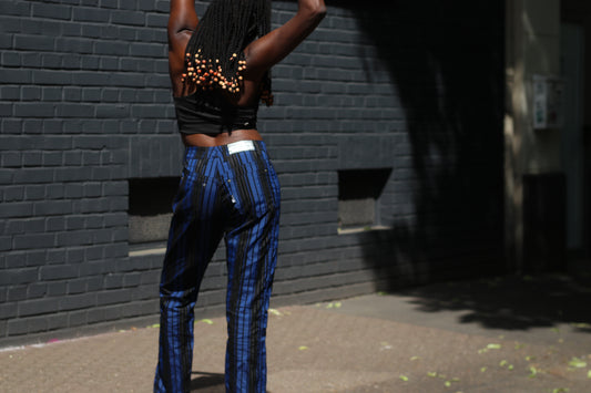 Vintage 80s Blue Striped Pants High Waisted Straight Leg Trousers Size M