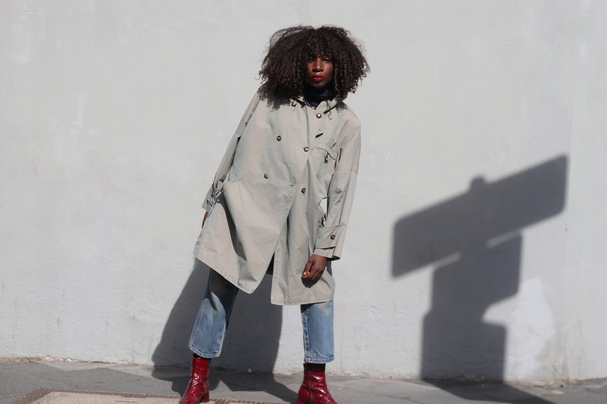 Trench Coat 80s Vintage Sage Green Hooded Oversized Jacket | L/XL