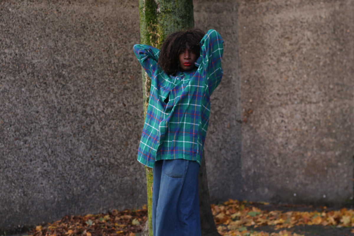 Vintage Plaid Shirt | 90s Green Blue Cotton Button Down | L