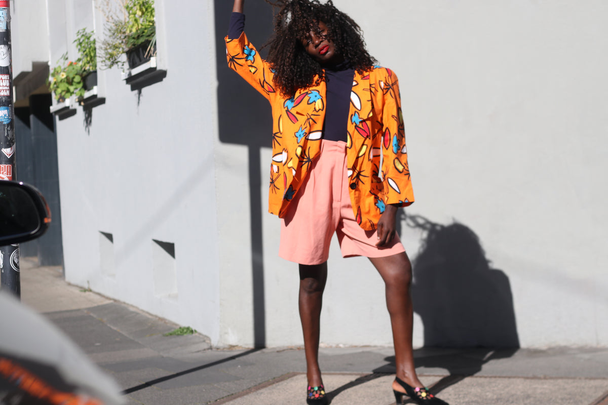 Vintage 80s Abstract Print Blazer | Orange Cotton Art Jacket M/L