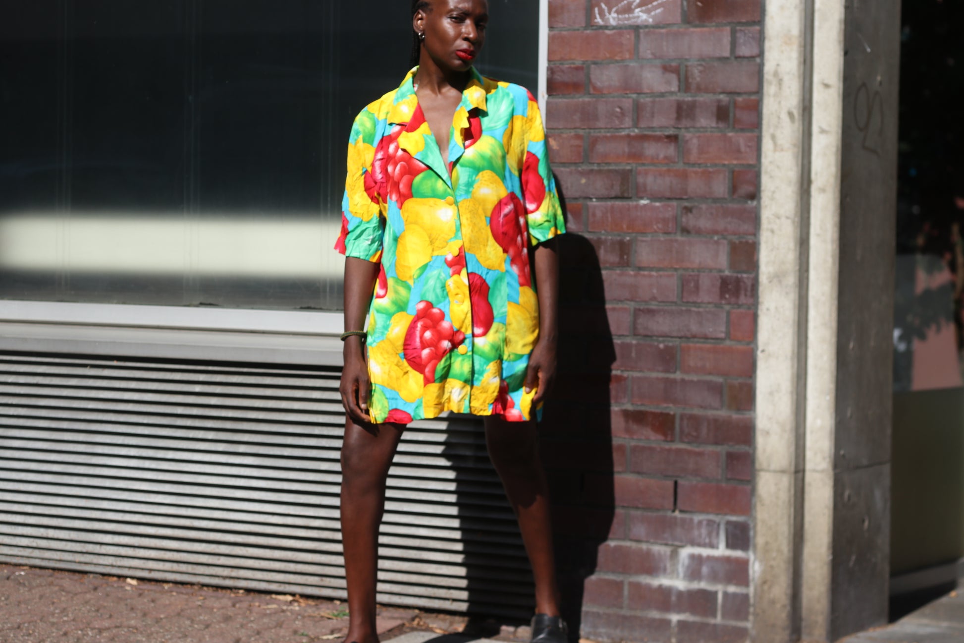 Vintage 90s Fruit Print Shirt Dress - Vibrant Oversized Summer Tunic