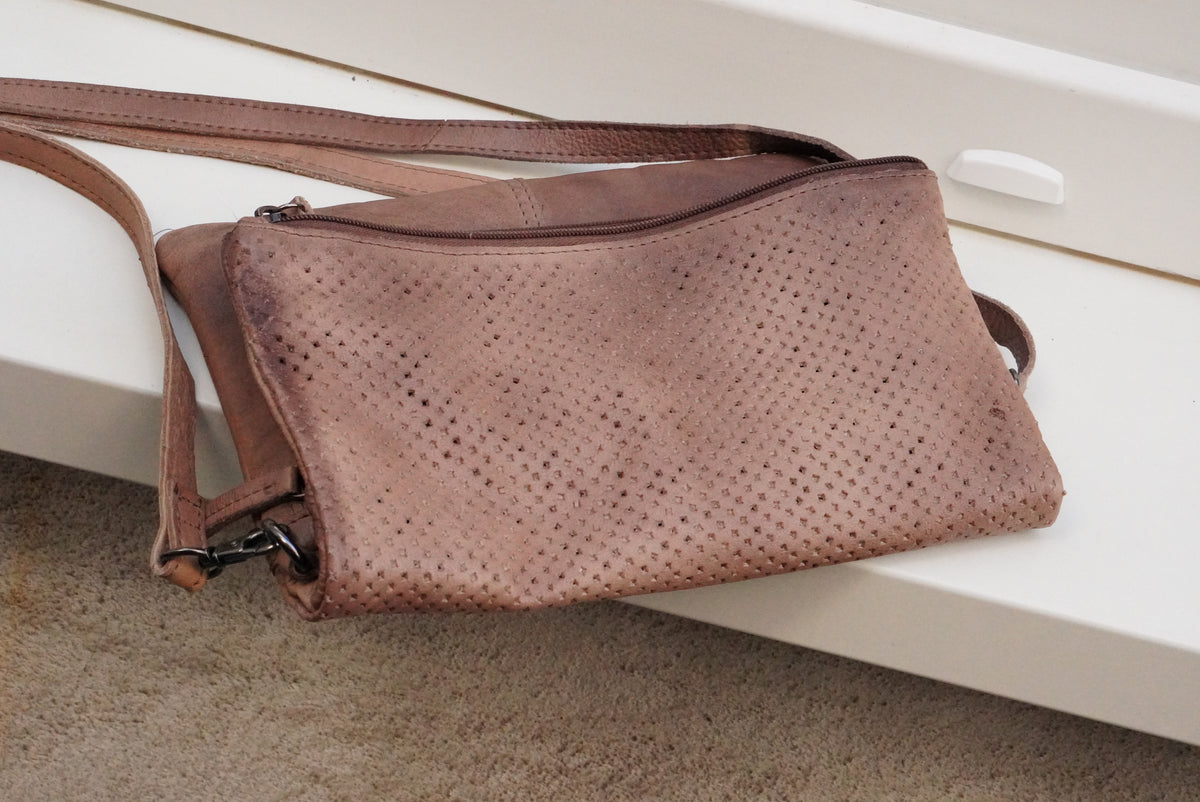 Leather Foldover Crossbody Bag | Y2K Boho Perforated Clutch | Taupe Brown