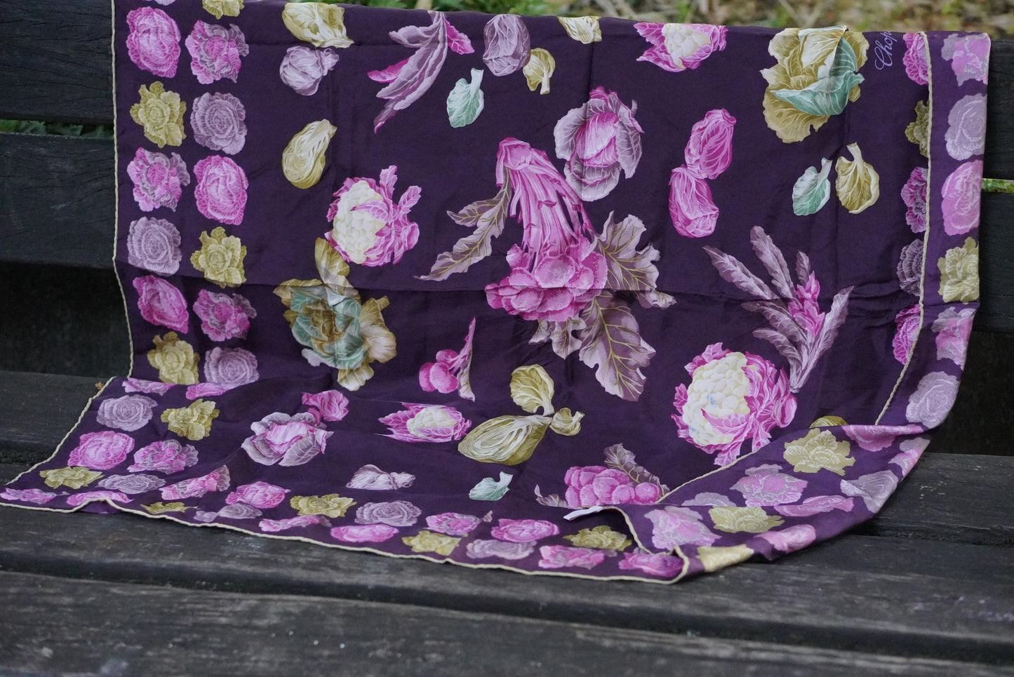 Chopard Scarf Vintage Silk Purple Floral Cabbage Print Logo Designer Headscarf