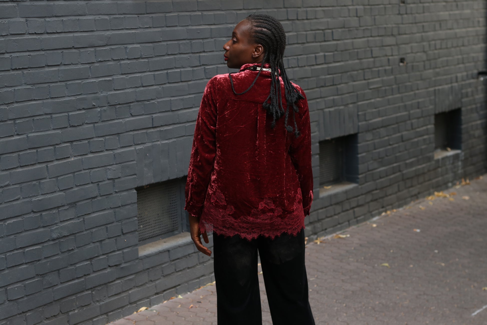  Vintage Gothic Red Velvet Top  | 90s Lace Hem Button Up S