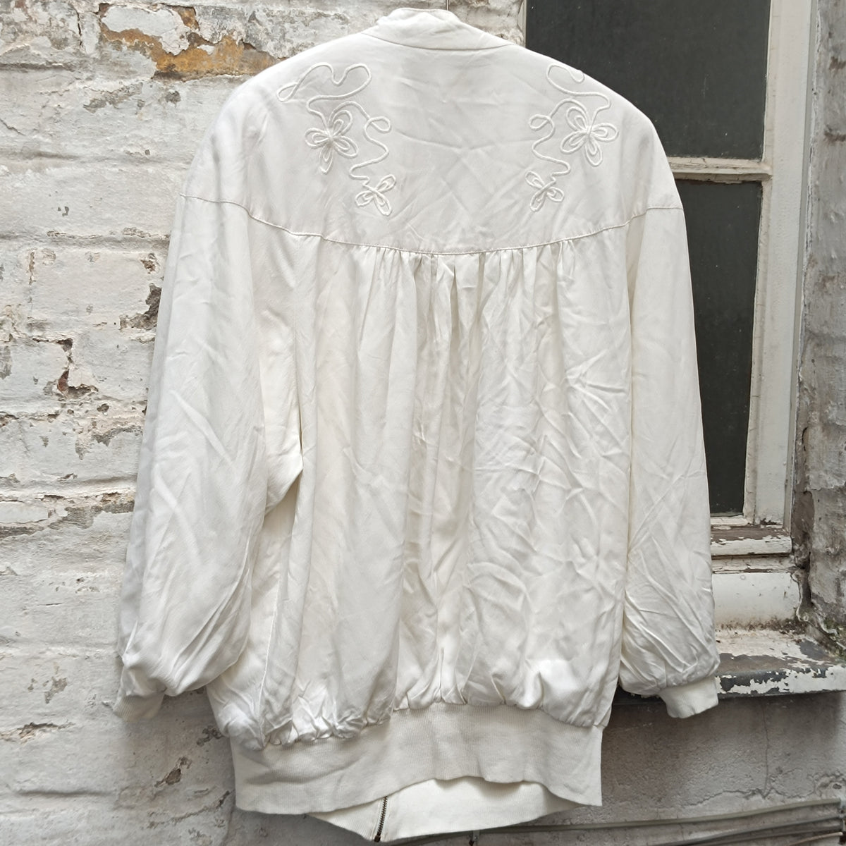 Vintage 80s Piretta White Embroidered Bomber Jacket | Oversized Zip Up M
