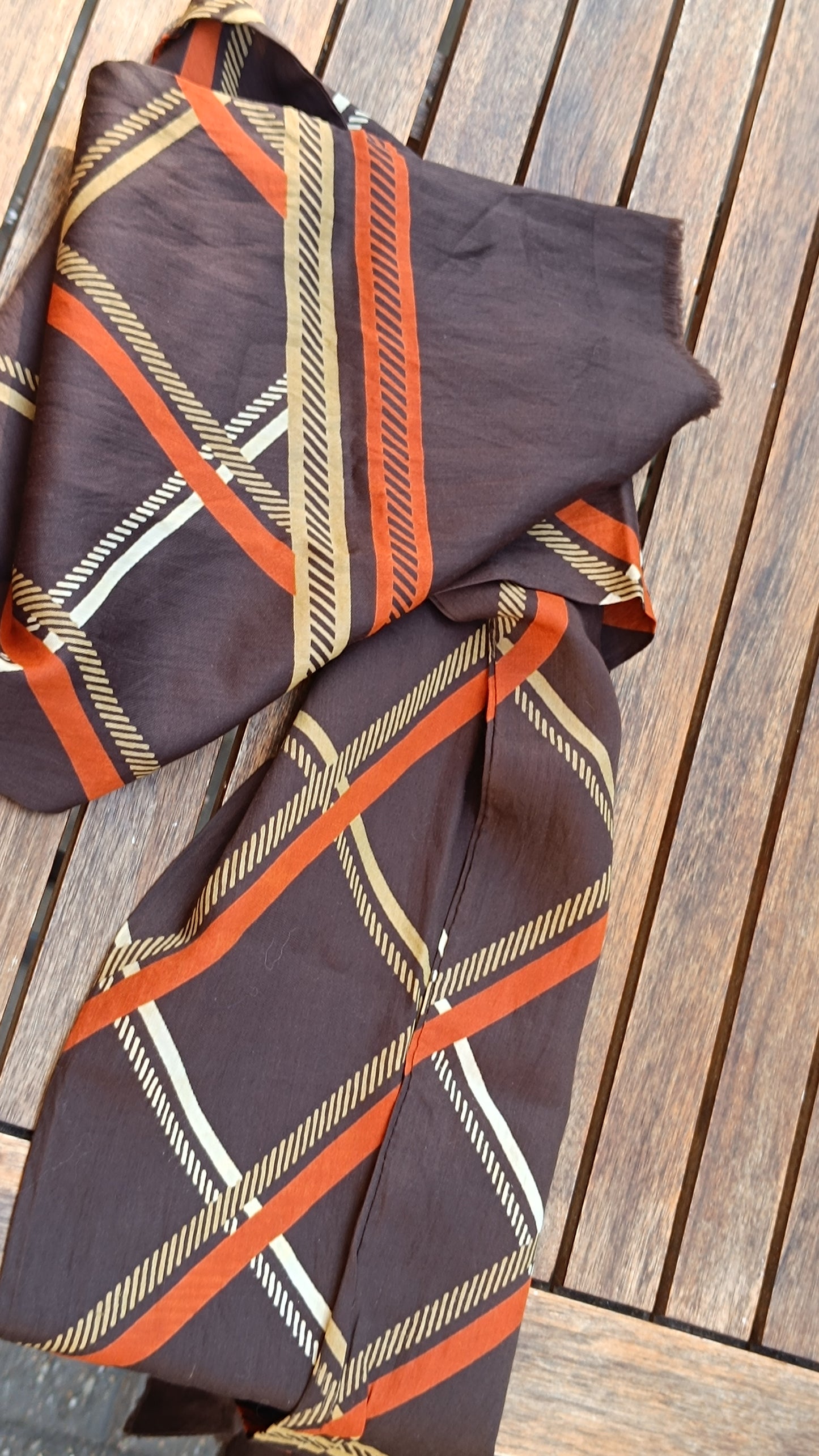 Pelo Vintage 70s Wool Silk Geometric Scarf - Brown Orange Plaid Wrap