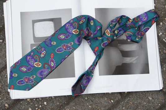 Alpi Vintage 1980s Silk Tie Teal Geometric Pattern Avant Garde Retro Mens Necktie