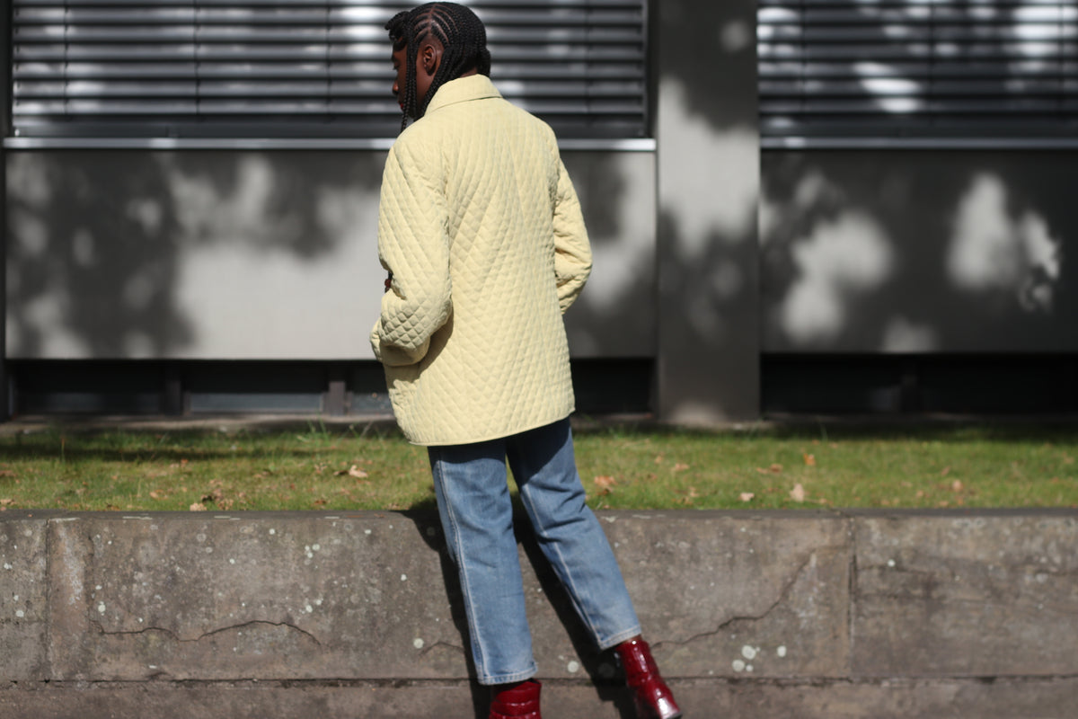 Vintage 1980s Light Yellow Diamond Quilted Jacket, Size M/L