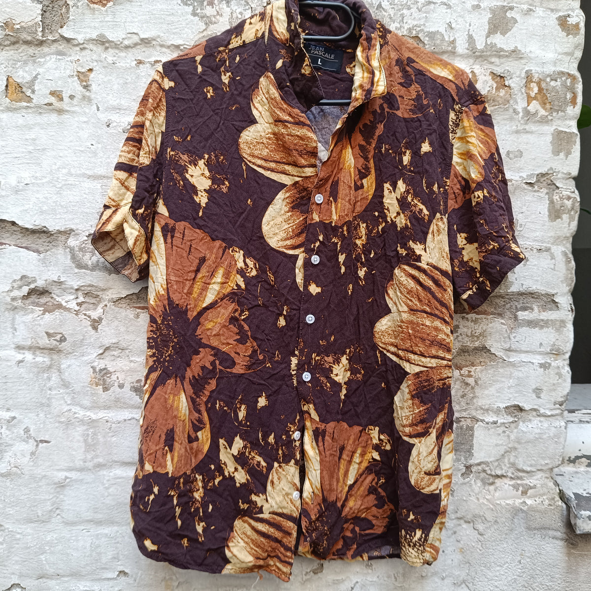 Vintage 90s Floral Short Sleeve Shirt Brown Beige M