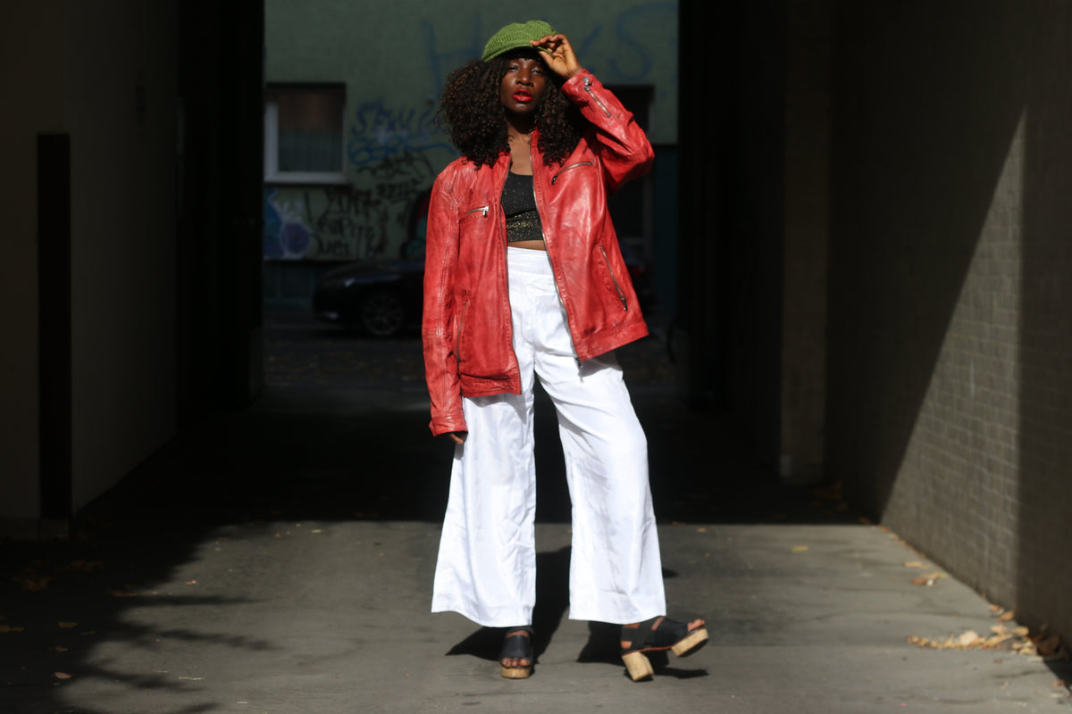 Red Leather Biker Jacket - Vintage Mey & Edlich Moto Jacket - Size L