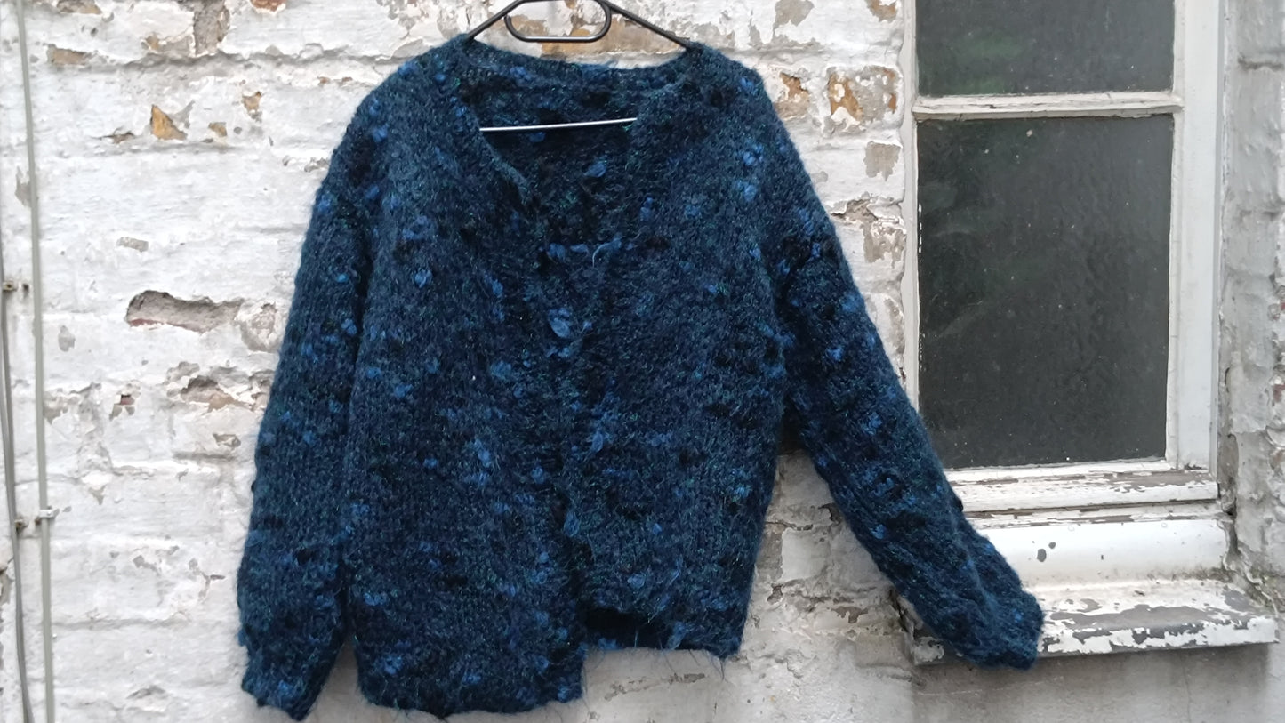 Vintage 80s Chunky Knit Mohair Cardigan - Teal Blue Fluffy Sweater