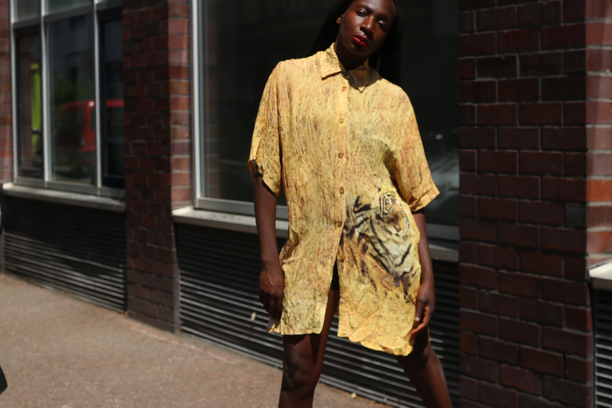 Vintage 90s Tiger Graphic Shirt Oversized Silk Blend Yellow Animal Print Blouse
