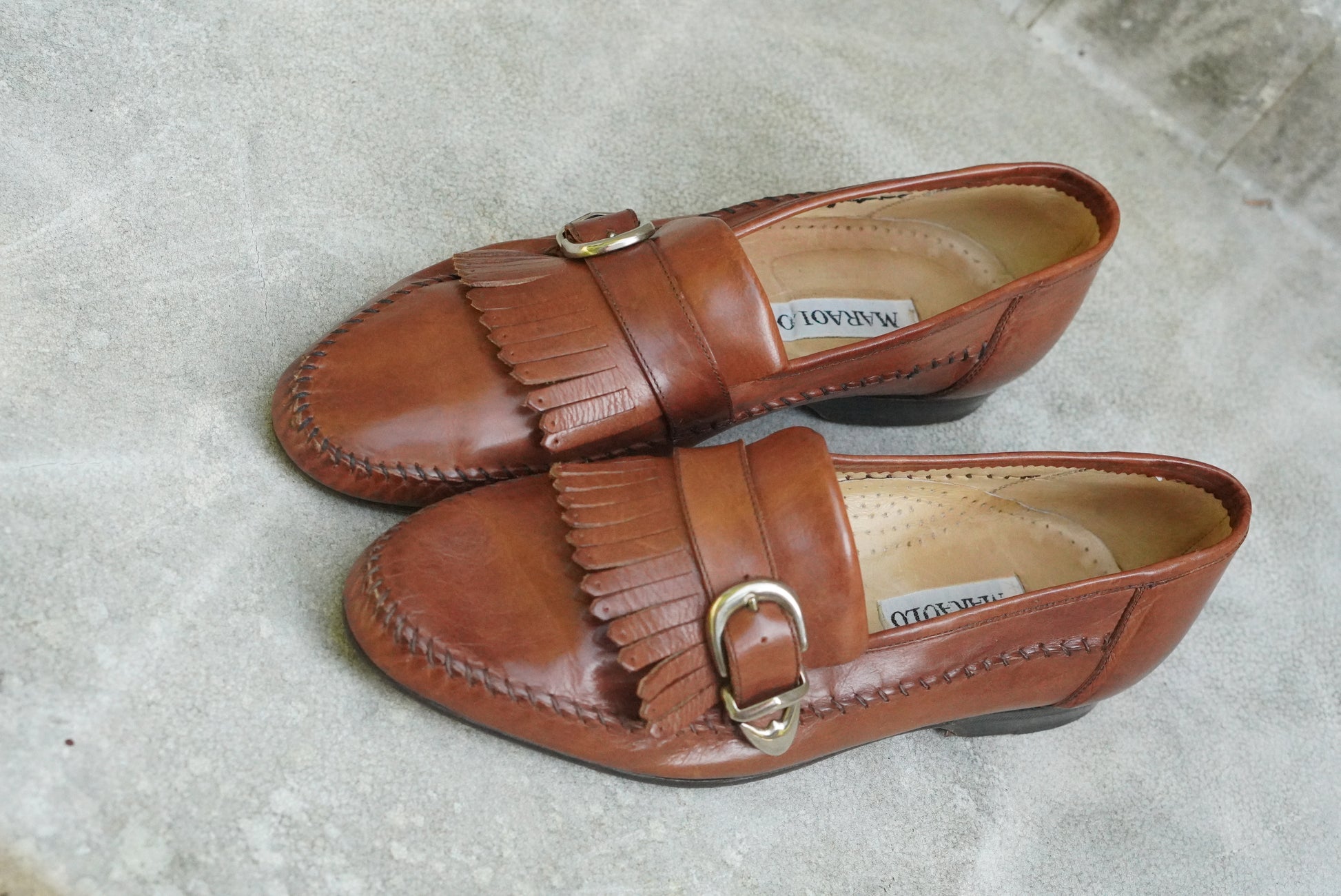 Maraolo Vintage Italian Leather Loafers - Brown Kiltie Fringed Buckle Shoes