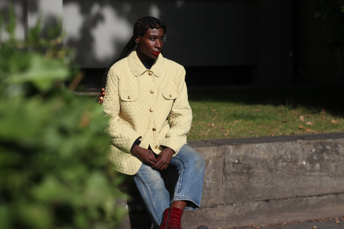 Vintage 1980s Light Yellow Diamond Quilted Jacket, Size M/L