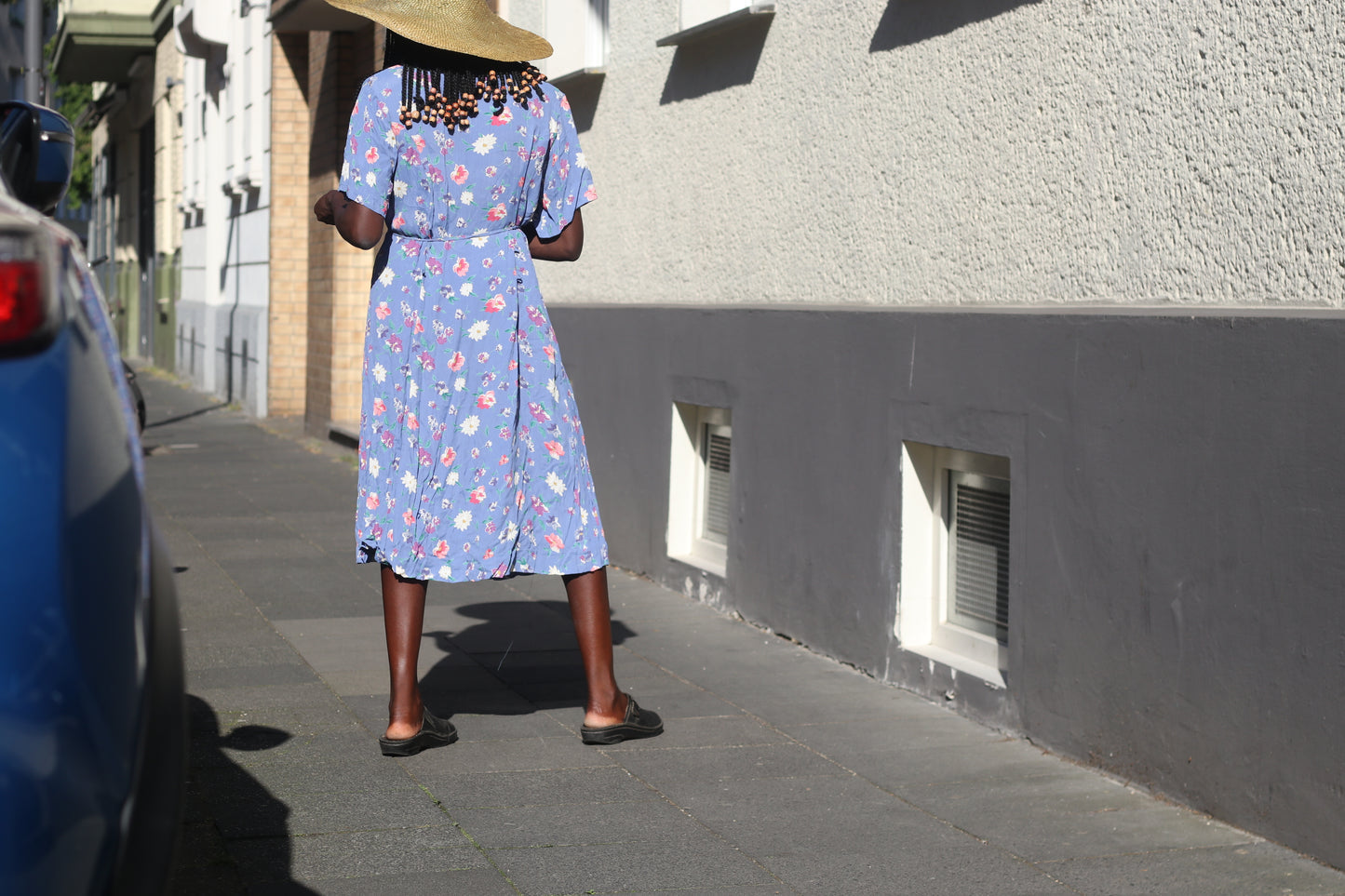 Vintage 1990s Floral Midi Dress - Blue 90s Grunge Button Front Sundress