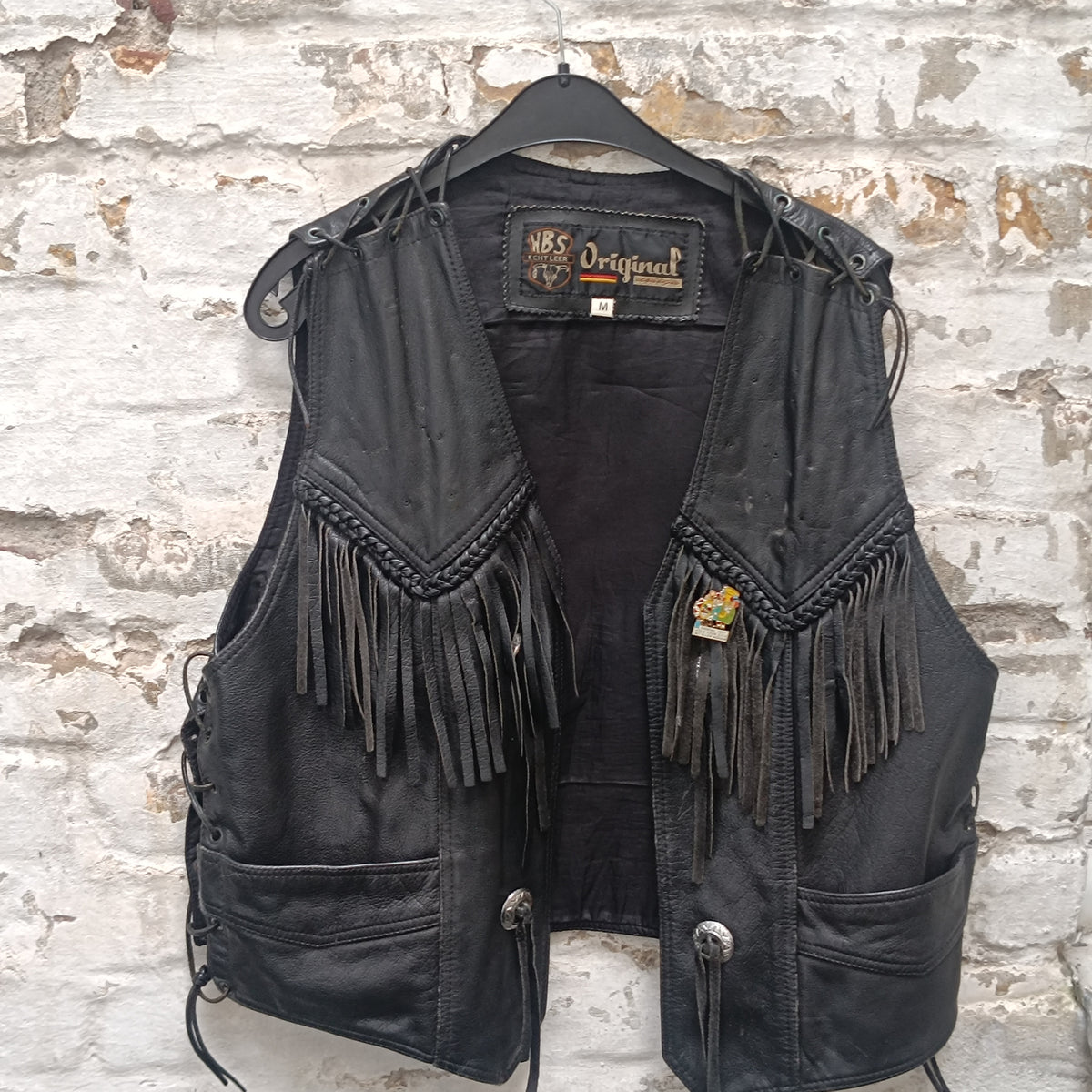 Men's NBS Original black leather biker vest with fringes, size M