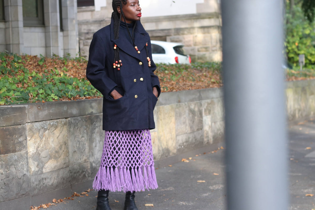 Vintage Purple Crochet Fringe Midi; Skirt | Open Knit Macrame Skirt S M