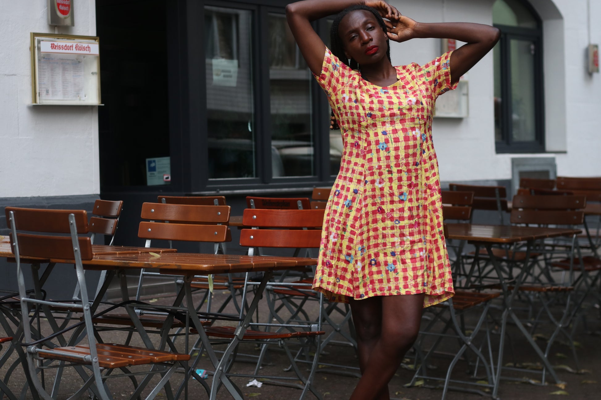 Vintage 1990s Gingham Dress Floral Plaid Mini Dress Yellow Red Smock Grunge Medium