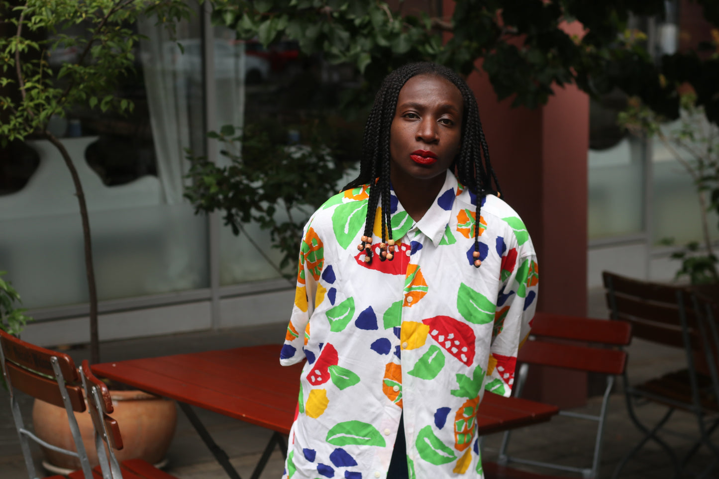 Vintage 1980s Abstract Fruit Print Button Up Shirt Oversized Pop Art Blouse L XL