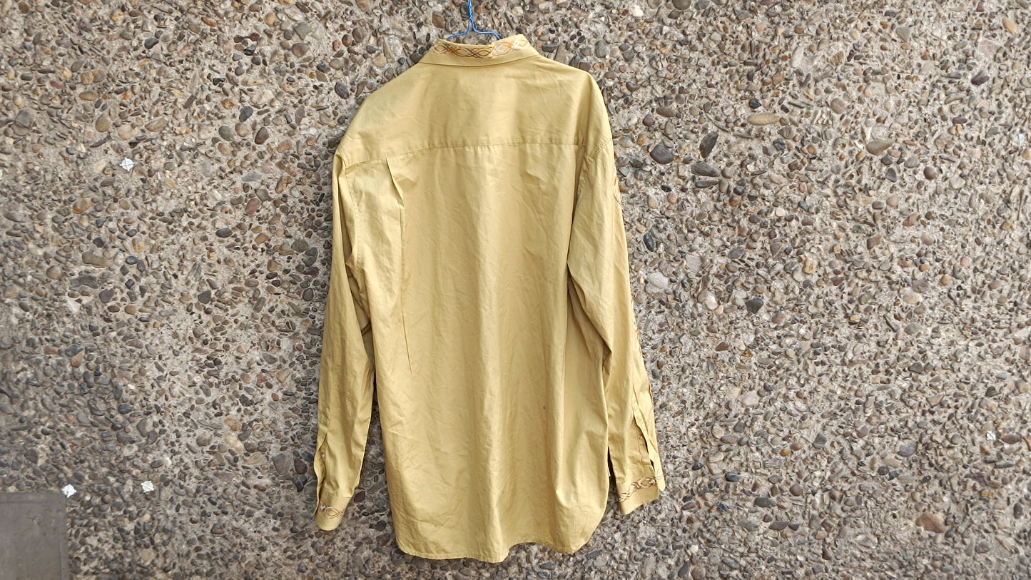 Vintage Road Cotton Embroidered Shirt - 90s Mustard Guayabera - M- XL Unisex