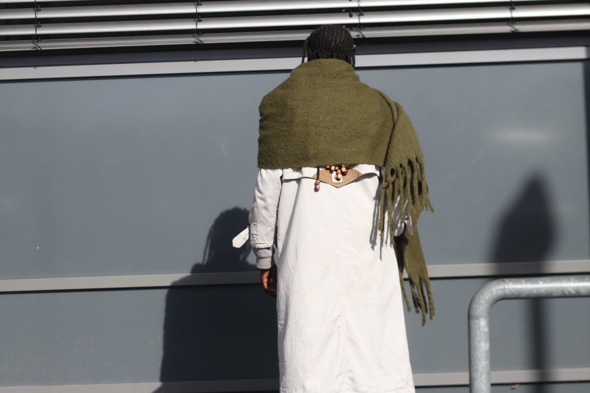 Vintage Olive Green Fringe Scarf | Cozy Winter Knit | Unisex Accessories