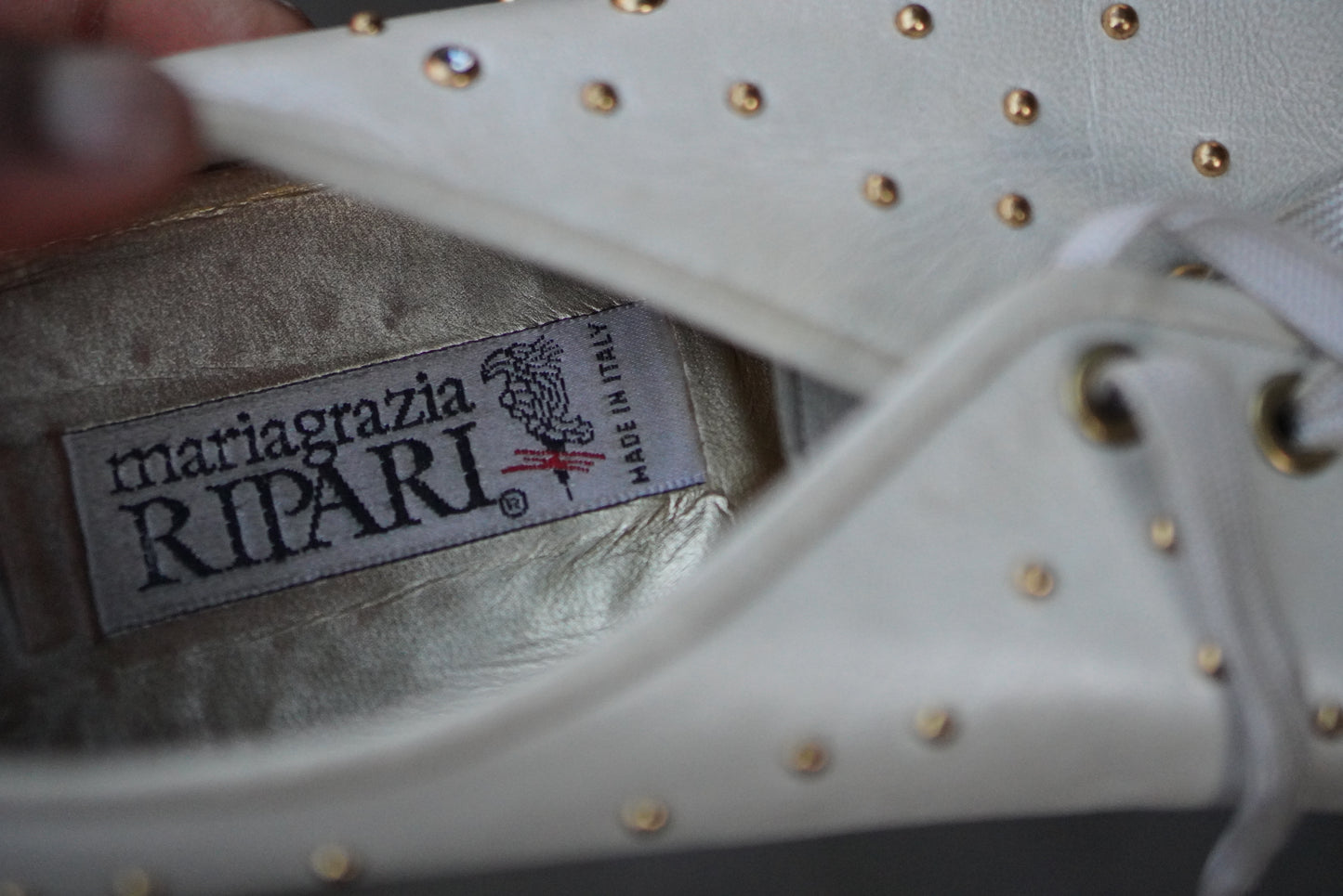 Mariagrazia Ripari Vintage Shoes 80s White Leather Studded Rhinestone Sneakers