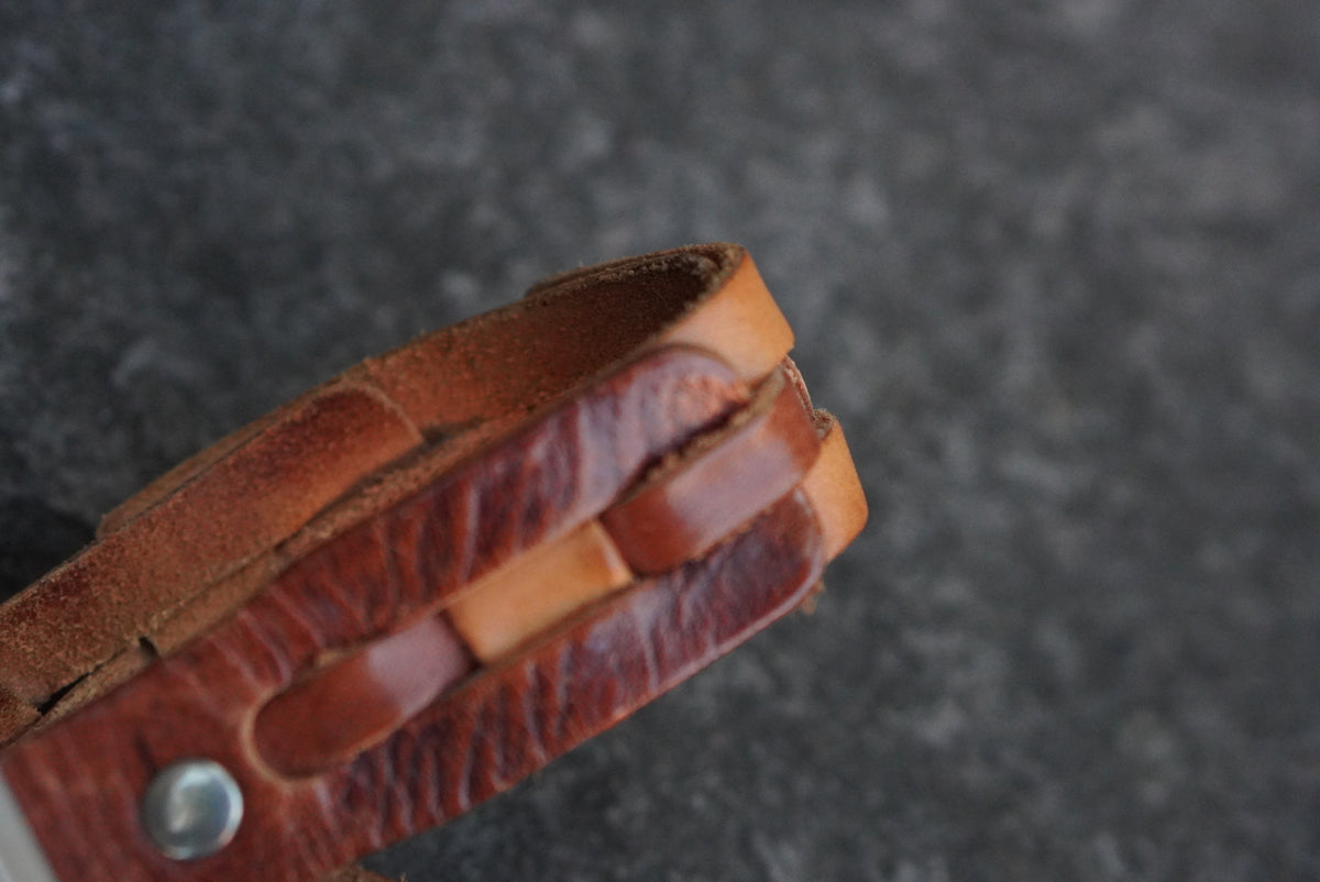 Woven Leather Belt | Vintage 70s Tan Brown | Silver Buckle S/M