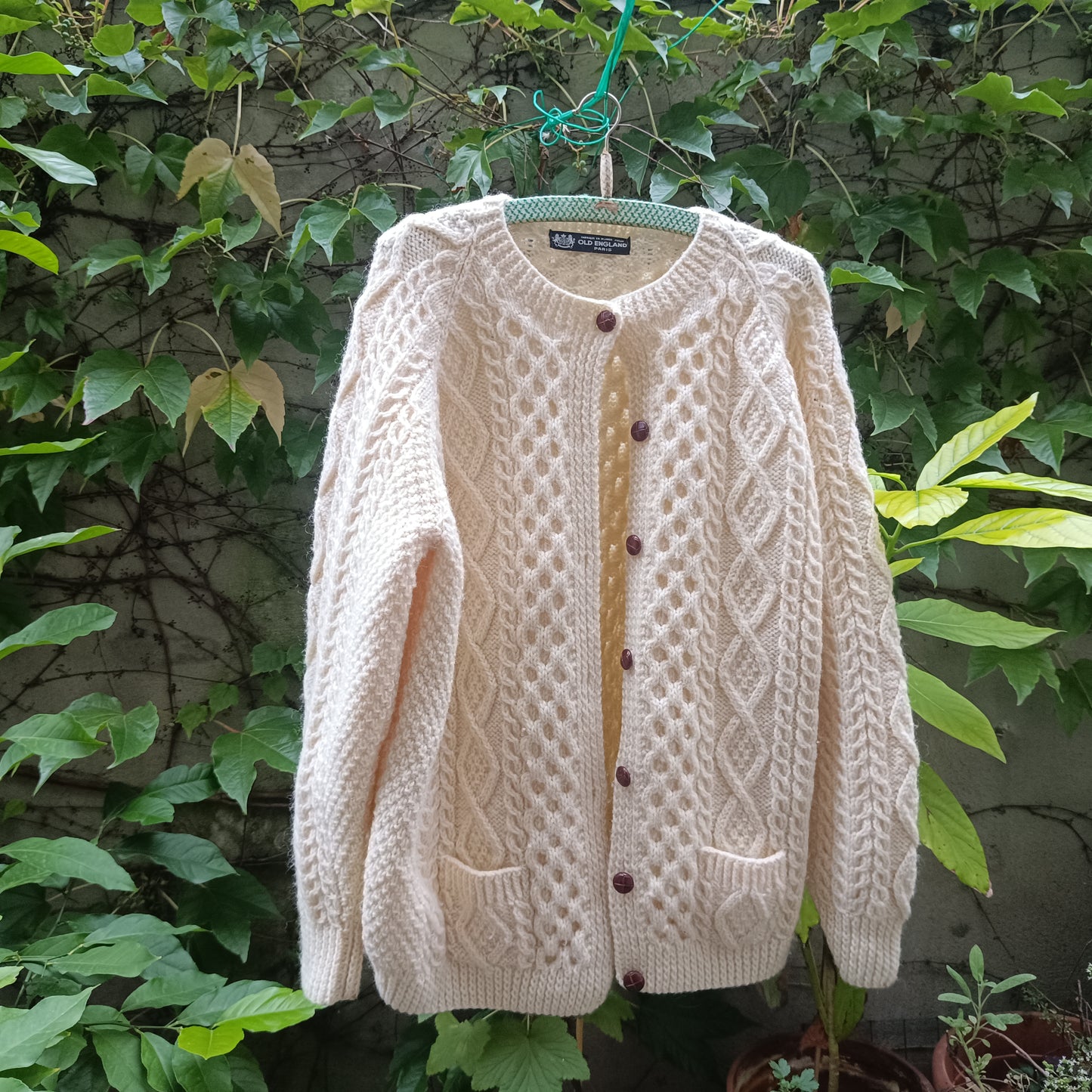 Irish Cable Knit Cardigan - Vintage 1970s Cream Aran Wool - M/L