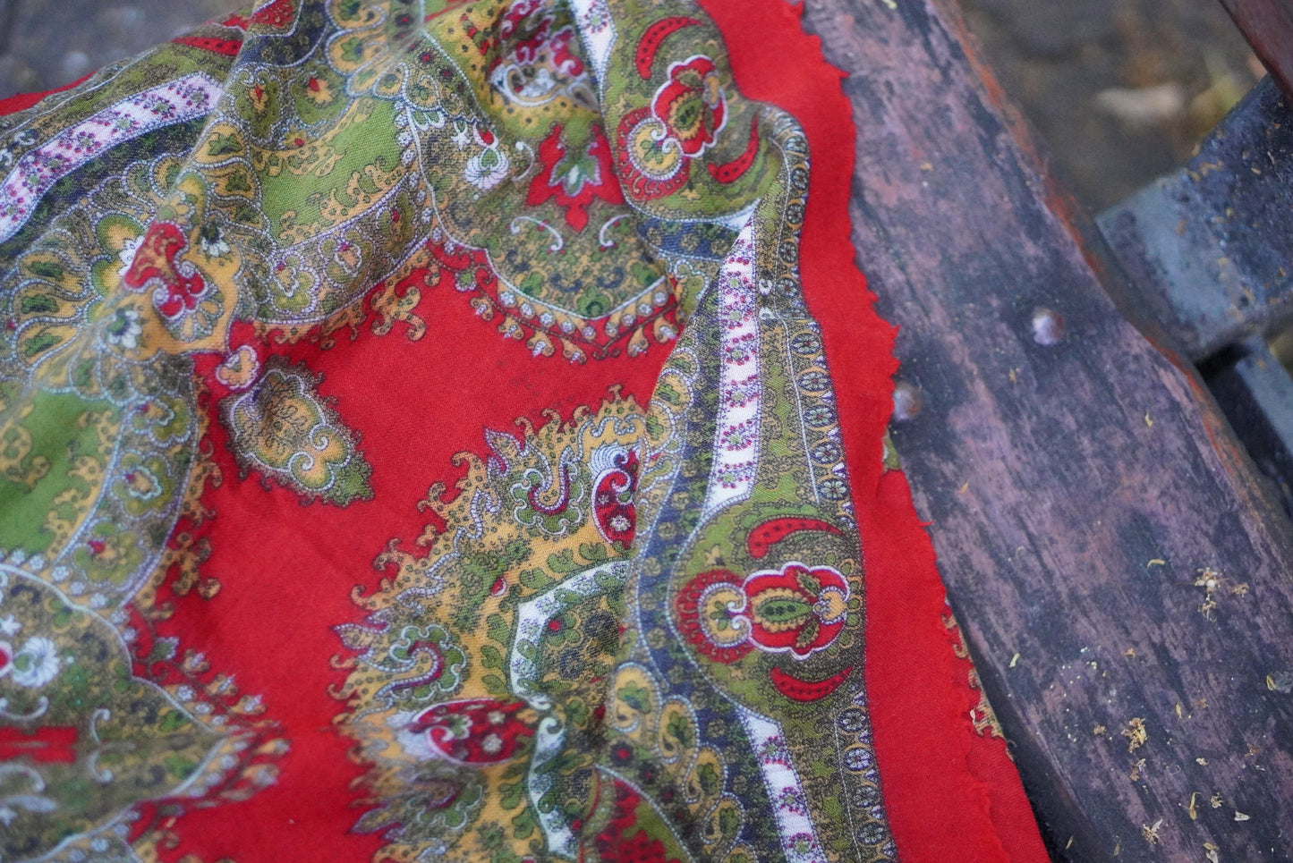 Vintage 1970s Paisley Wool Scarf Red Green Folk Medallion Fringed Shawl Babushka