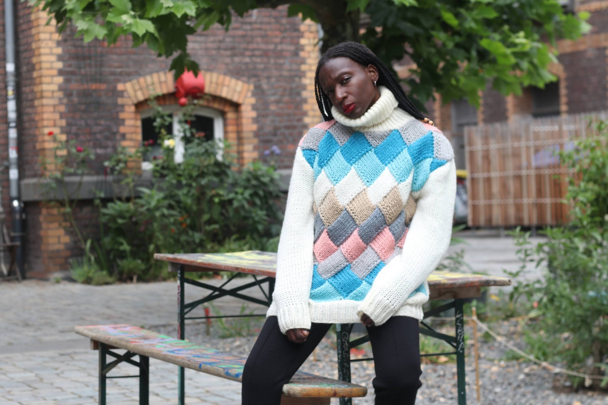 Vintage 80s Geometric Knit Turtleneck Sweater - Oversized Chunky Jumper