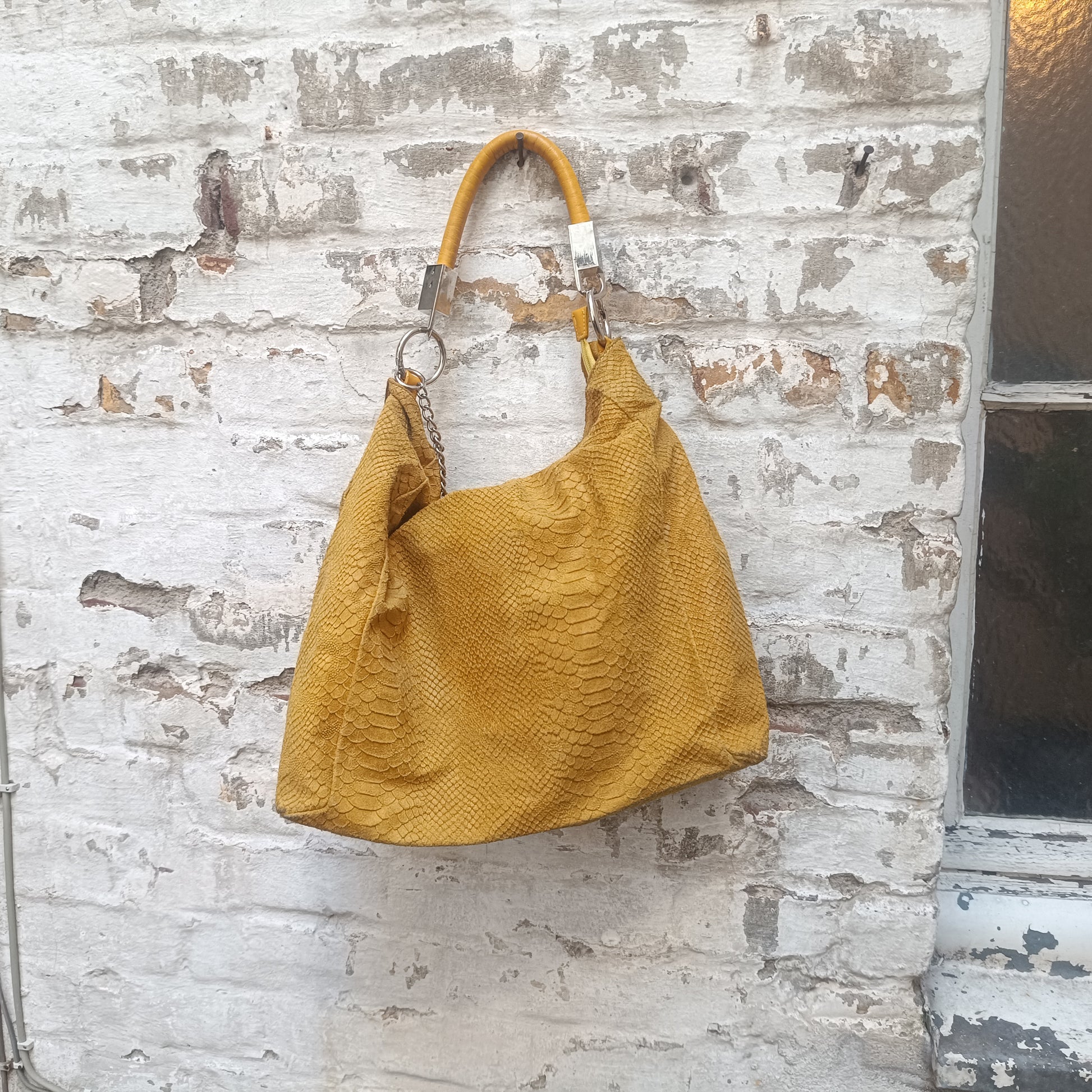 Yellow Snake Print Leather Hobo Bag - Vintage Italian Shoulder Purse