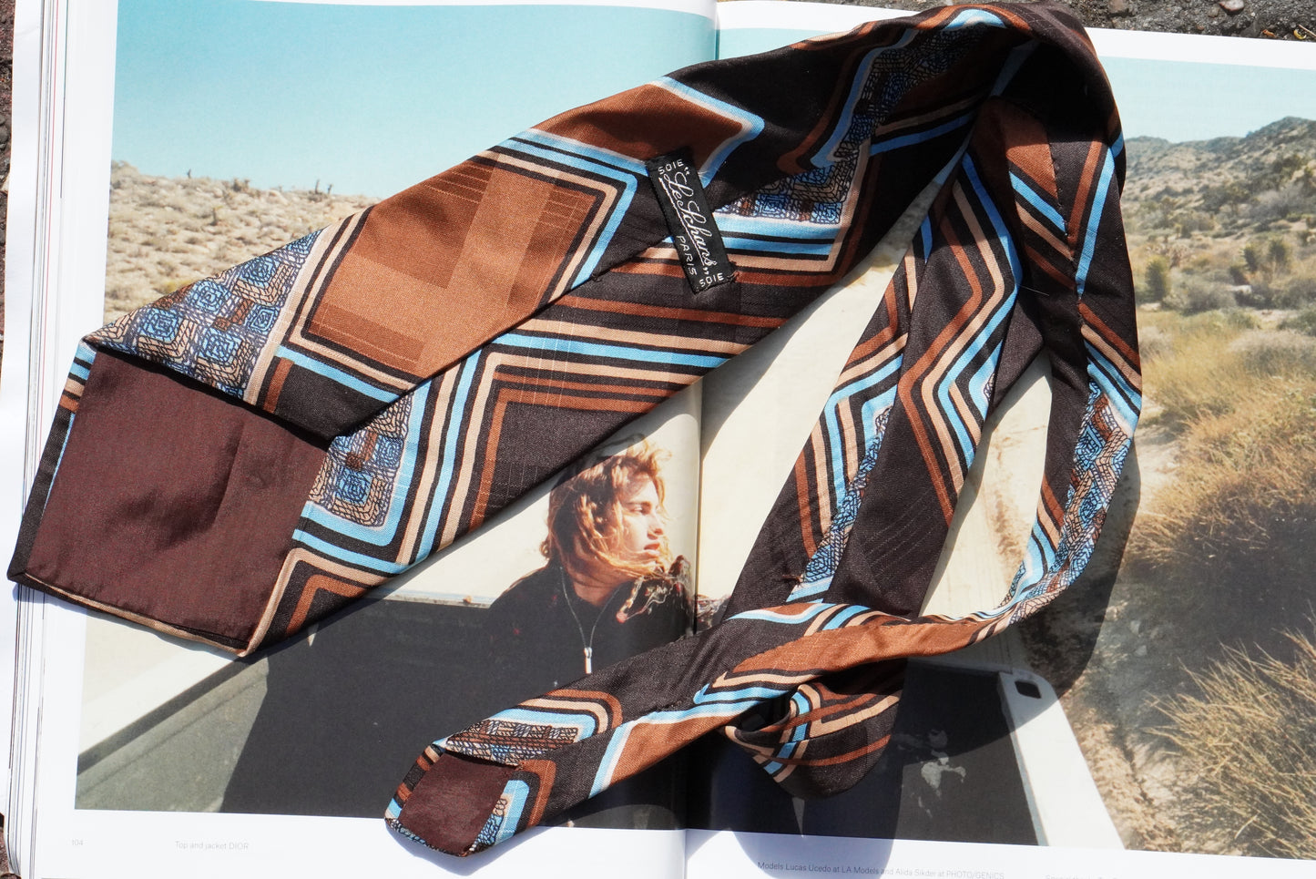 Le Schans Paris Vintage 1970s Silk Tie Geometric Abstract Brown Blue Retro Neckwear