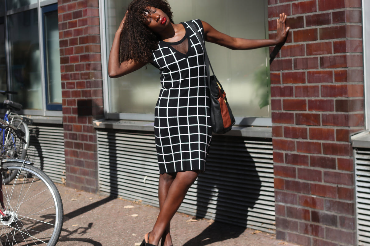 Grid Print Knit Dress | Black White Y2k Morgan Du Toi Sleeveless Bodycon