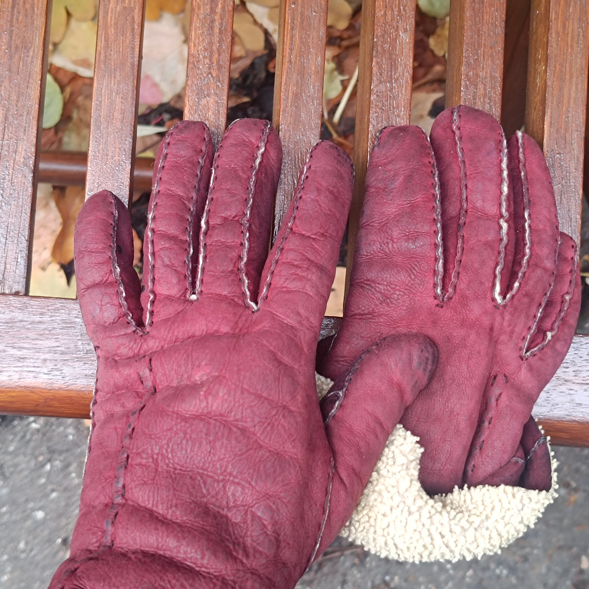 Burgundy Leather Gloves Vintage 70s Faux Shearling Lined Winter Mittens | S