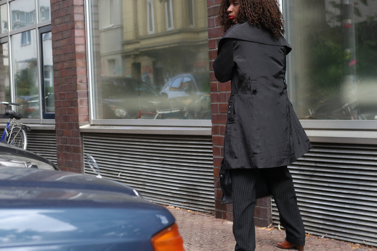 Vintage Black Statement Coat - Avant Garde Gem Cuffed Jacket - L