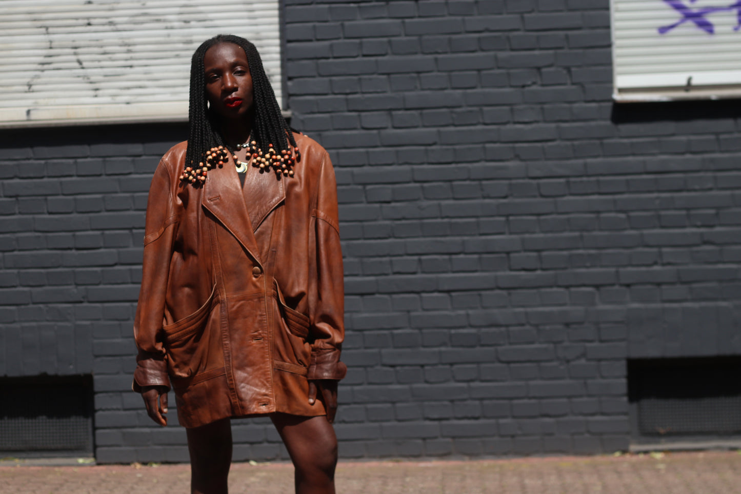 Vintage 1980s Leather Blazer Jacket Brown Oversized Boyfriend Coat Medium Large