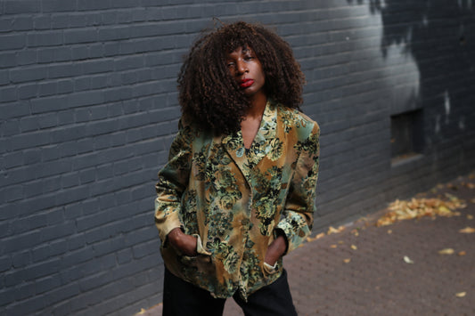 Vintage Velvet Floral Blazer | 90s Gold Green Tapestry Jacket | Size M