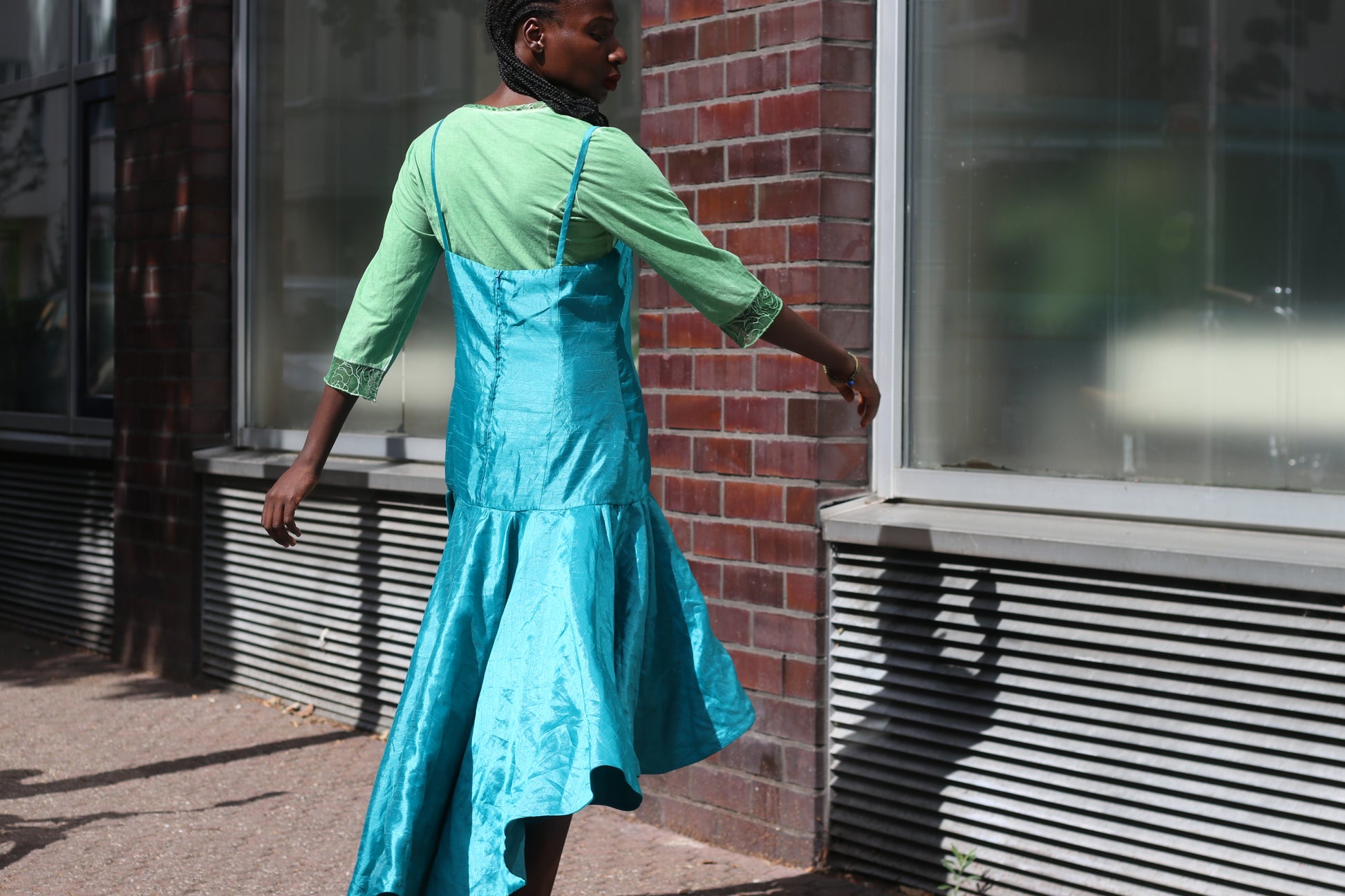Vintage Y2K Teal Blue Rosette High Low Midi Dress - Party Gown M to L