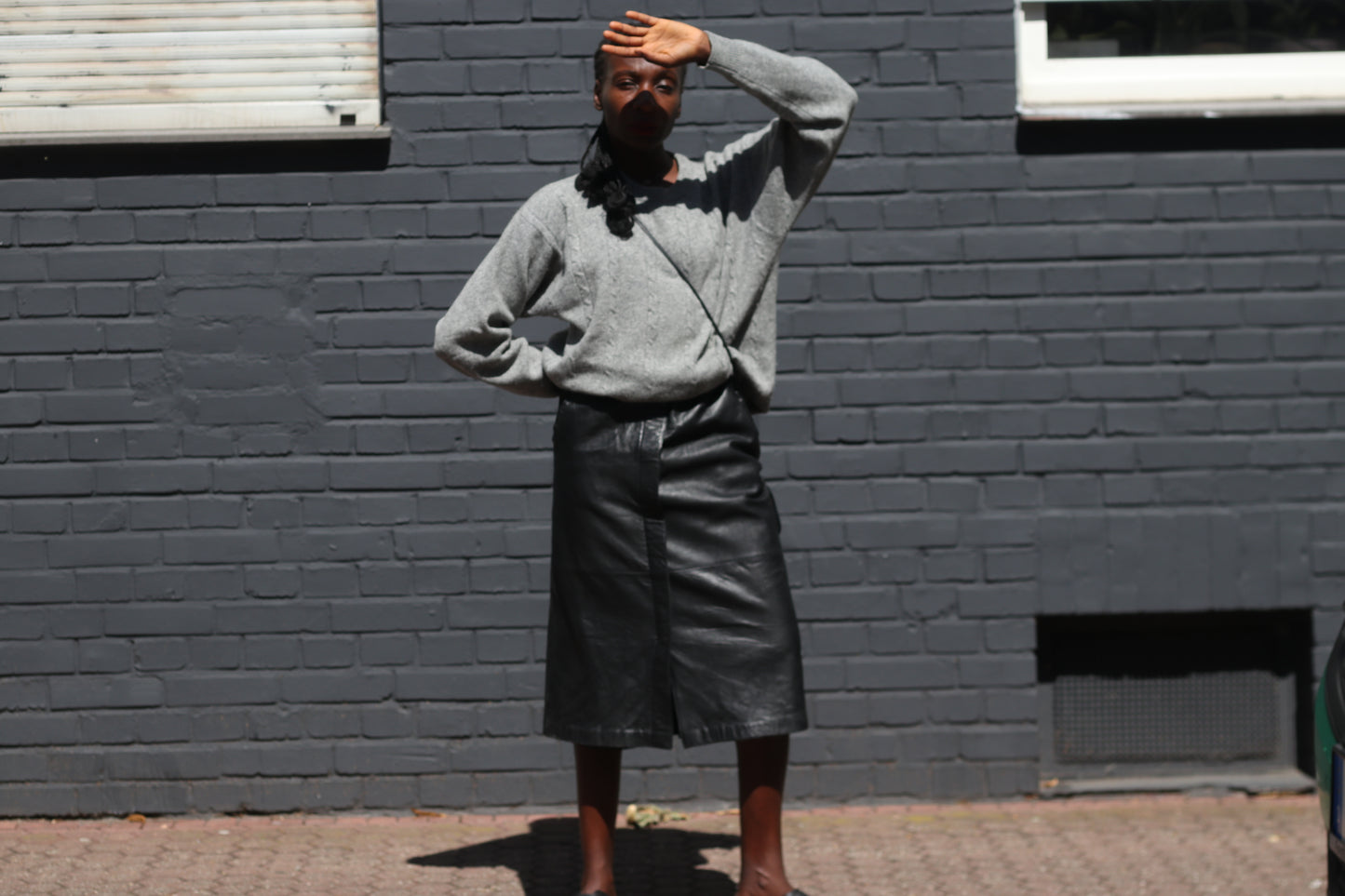 Black Leather Midi Skirt - Vintage 80s High Waist Pencil Skirt | M