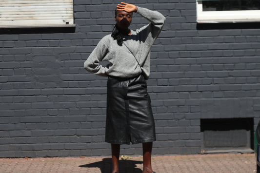 Black Leather Midi Skirt - Vintage 80s High Waist Pencil Skirt | M