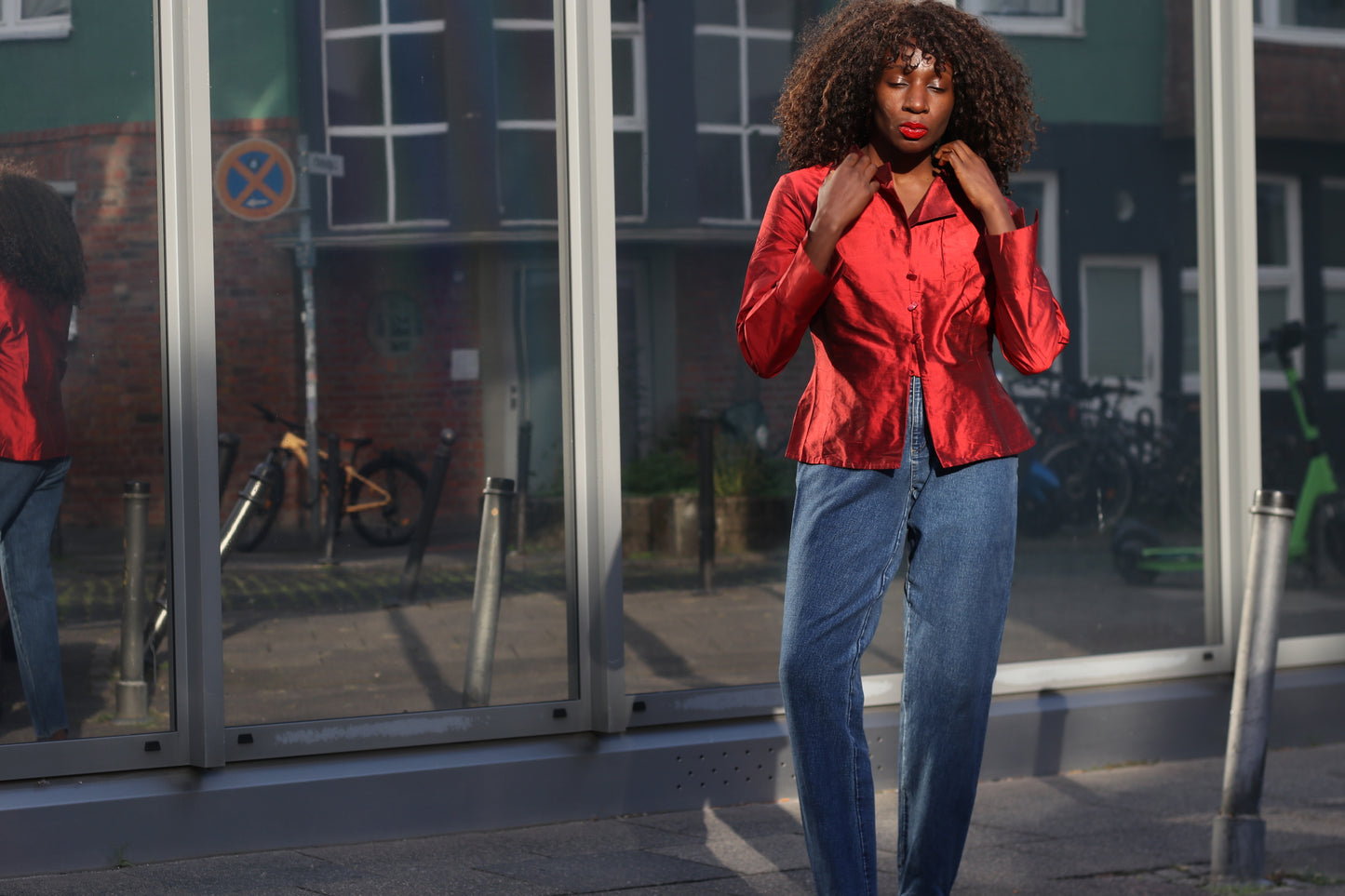 Vintage Metallic Red Silk Blouse | 90s Tailored Long Sleeve Top - XS/S