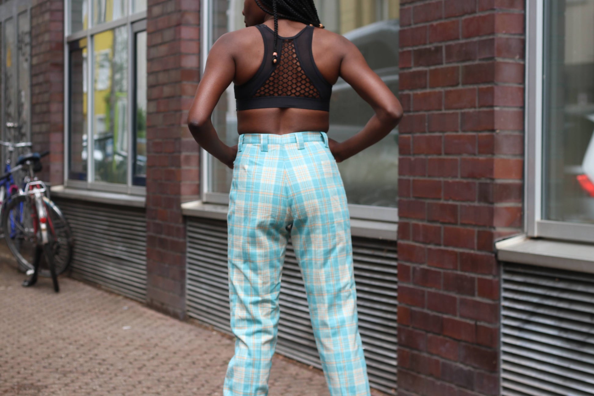 Vintage 70s Plaid Trousers | Turquoise High Waist Check Pants