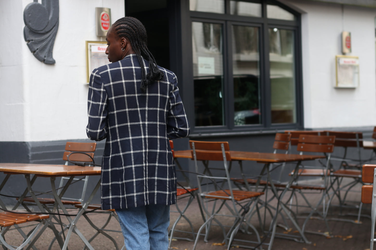 Vintage 80s Navy Plaid Blazer | Oversized Boxy Windowpane Jacket